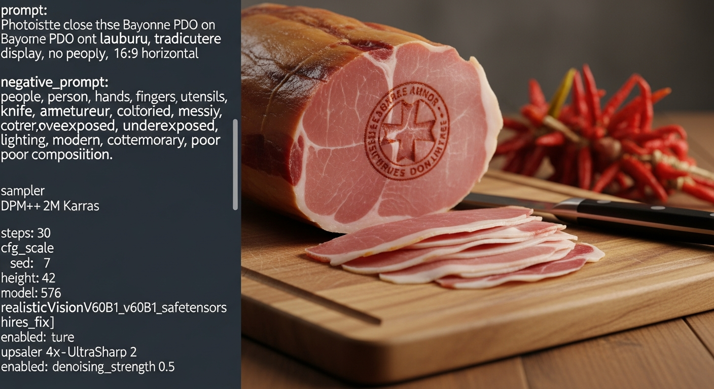 Jambon de Bayonne IGP tranché à la main, planche en bois, sceau lauburu visible, garniture Sud-Ouest