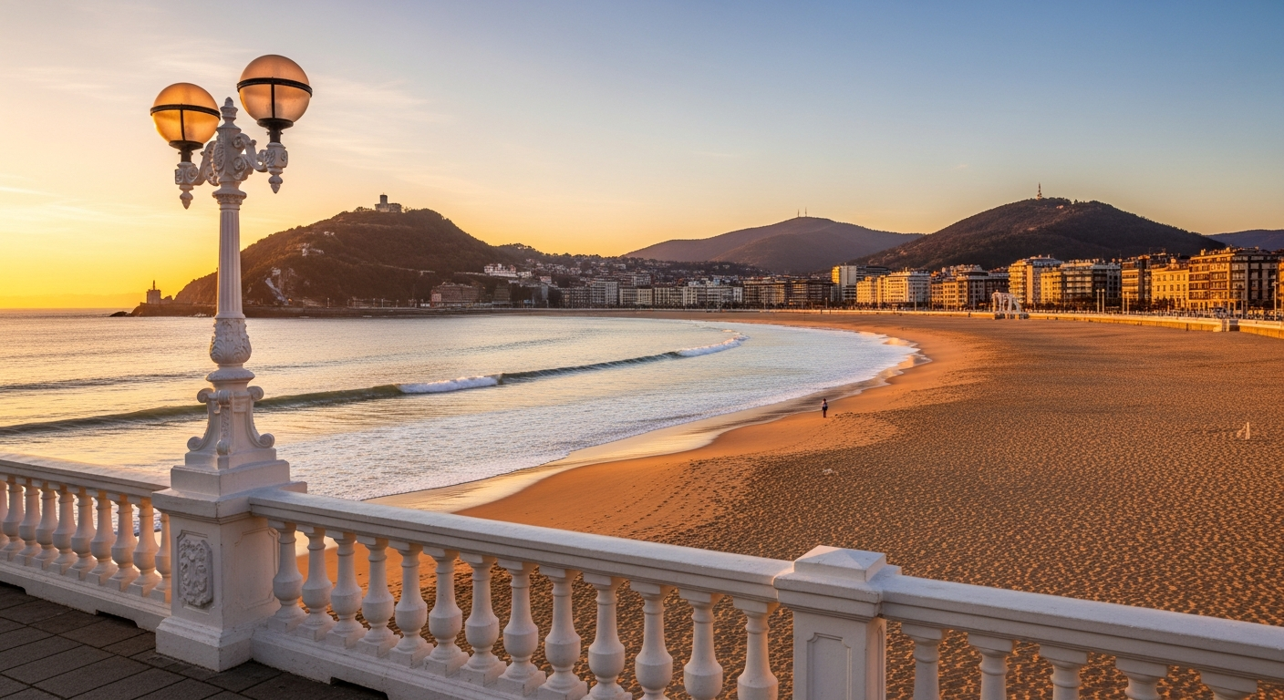 La Concha beach in San Sebastián with ornate Belle Époque balustrade and double-globe lampposts