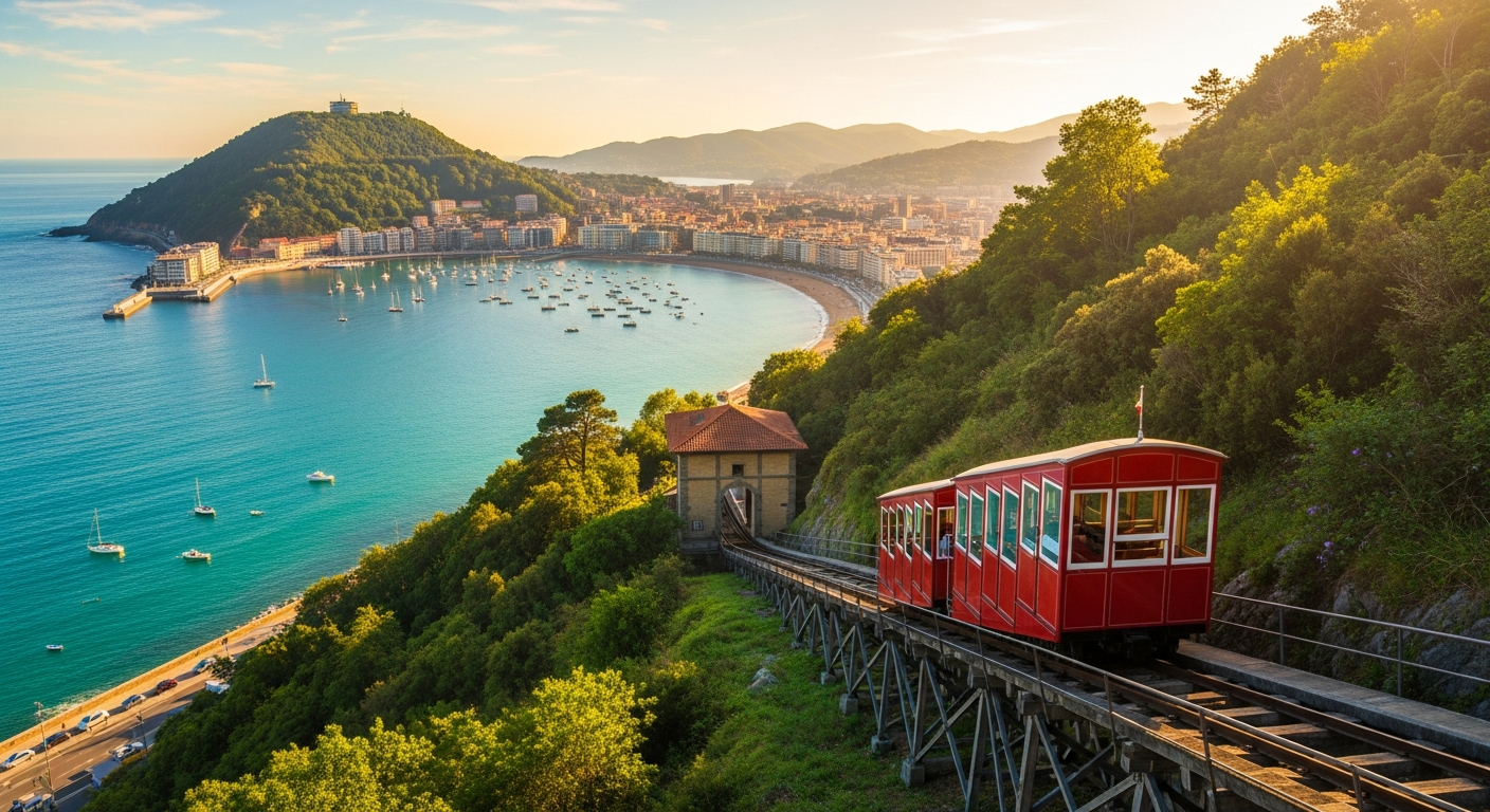 Historic 1912 wooden funicular ascending Mount Igueldo in San Sebastián