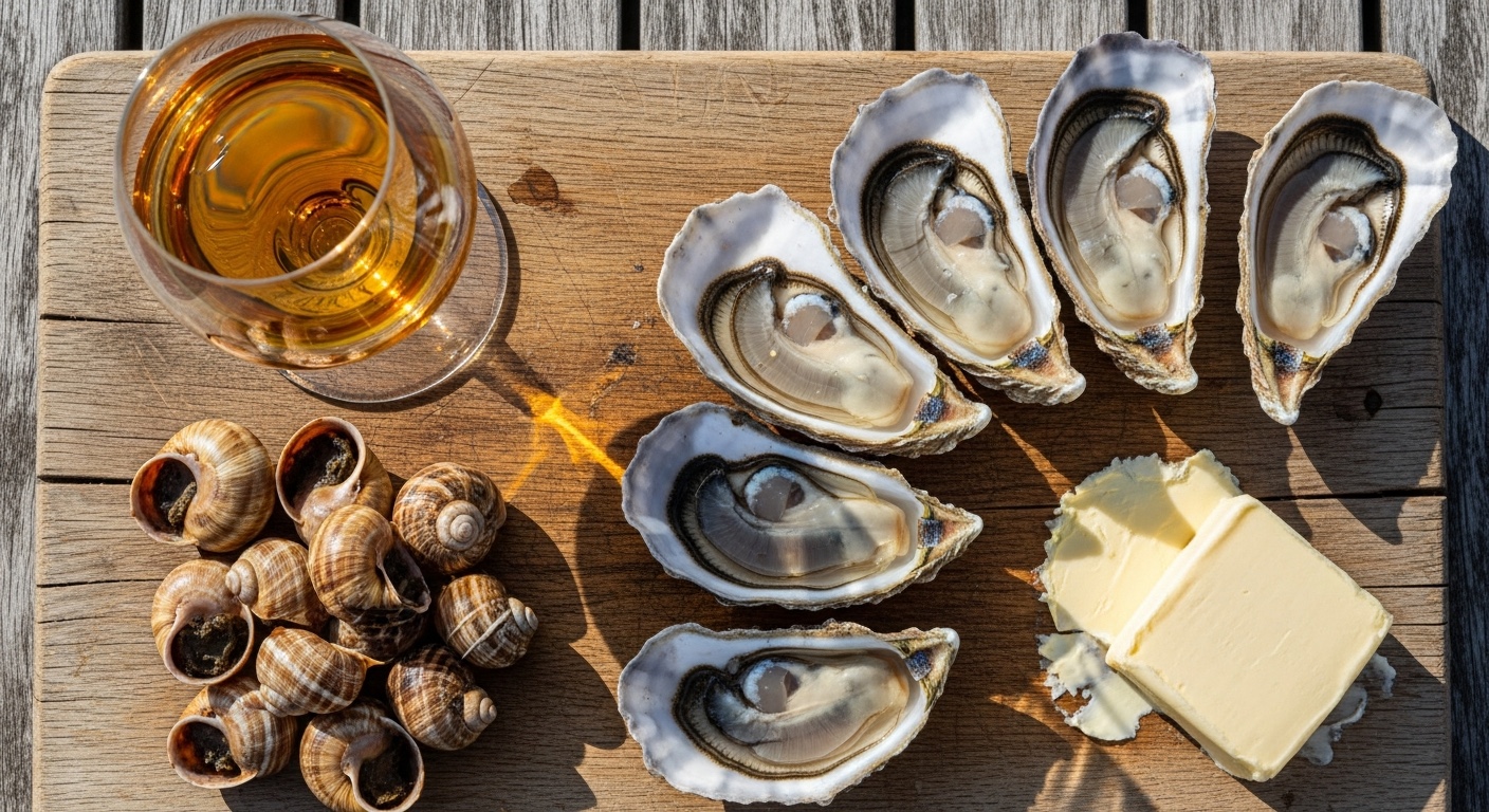 Glass of Pineau des Charentes, Marennes-Oléron oysters, snails, on wooden board