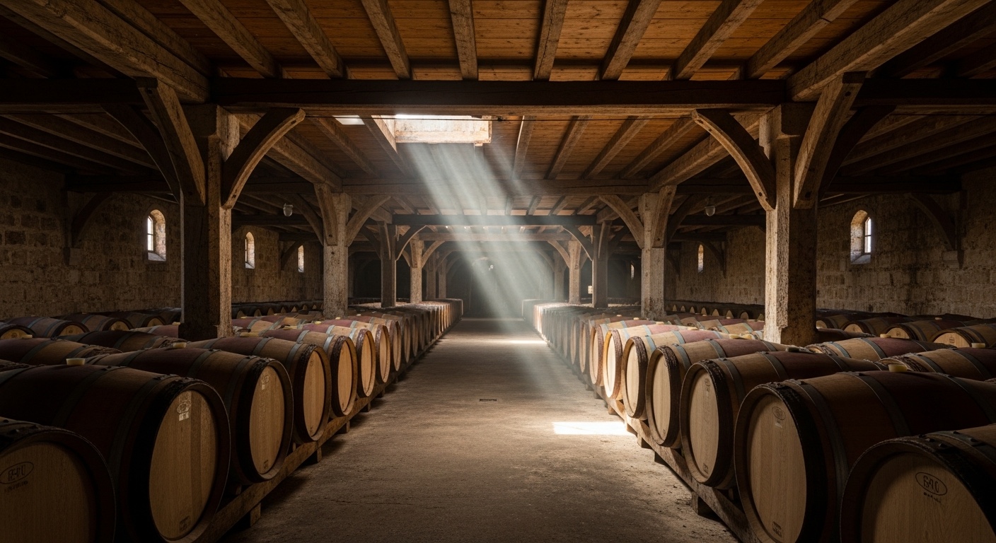Ageing cellar in Cognac, row of Limousin oak barrels