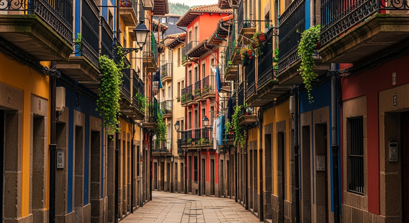 Ruelle médiévale colorée du Casco Viejo de Bilbao, balcons en fer forgé, façades étroites