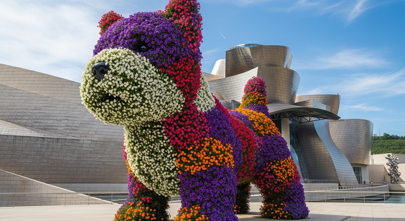 Puppy de Jeff Koons devant le Guggenheim Bilbao, sculpture florale géante de chiot West Highland Terrier