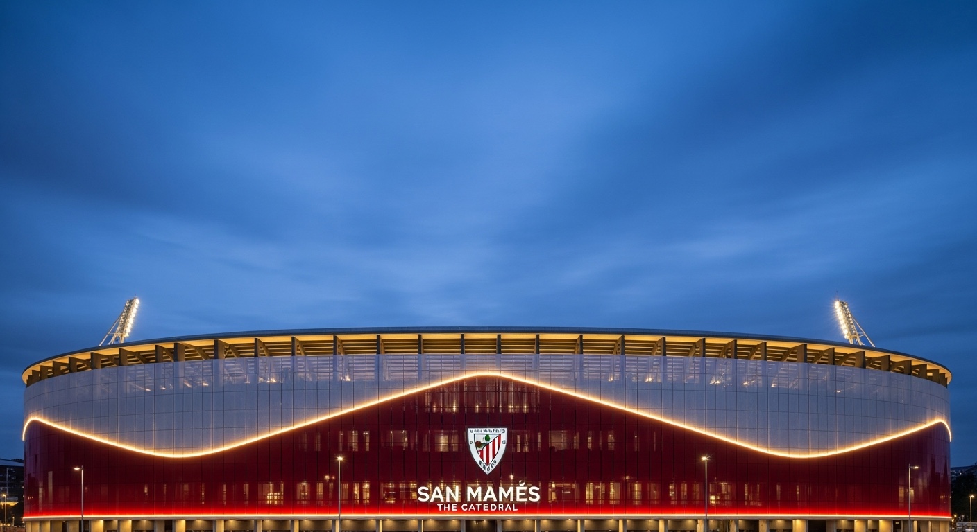Stade San Mamés de l'Athletic Club Bilbao au crépuscule, façade rouge et blanche
