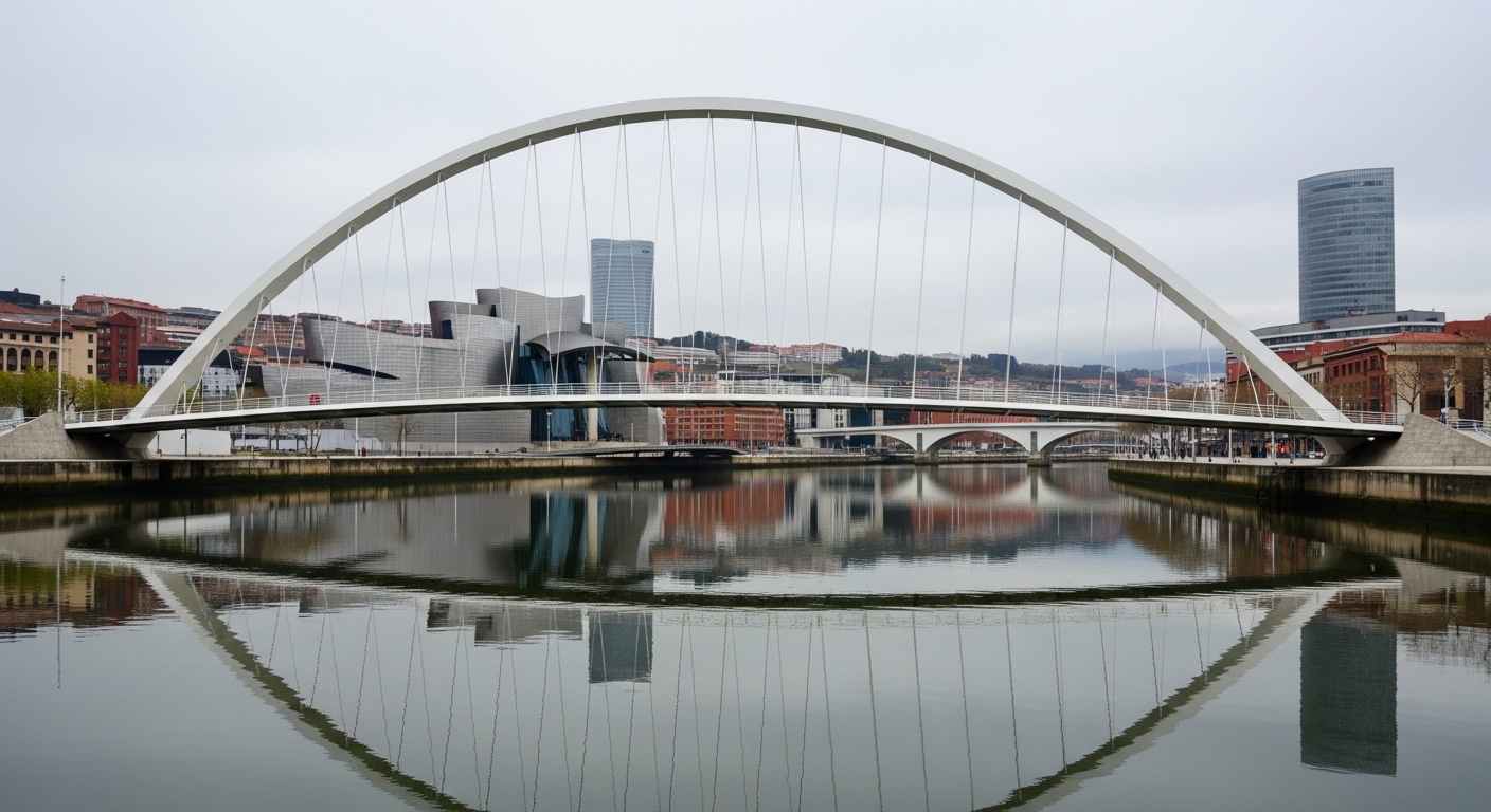 Passerelle piétonne Zubizuri de Santiago Calatrava à Bilbao, arc d'acier blanc sur la ría