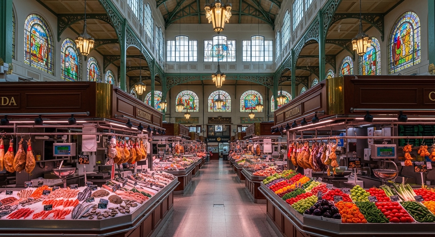 Intérieur Art Déco du Mercado de la Ribera à Bilbao, étals de poissons, jambons, légumes, vitraux