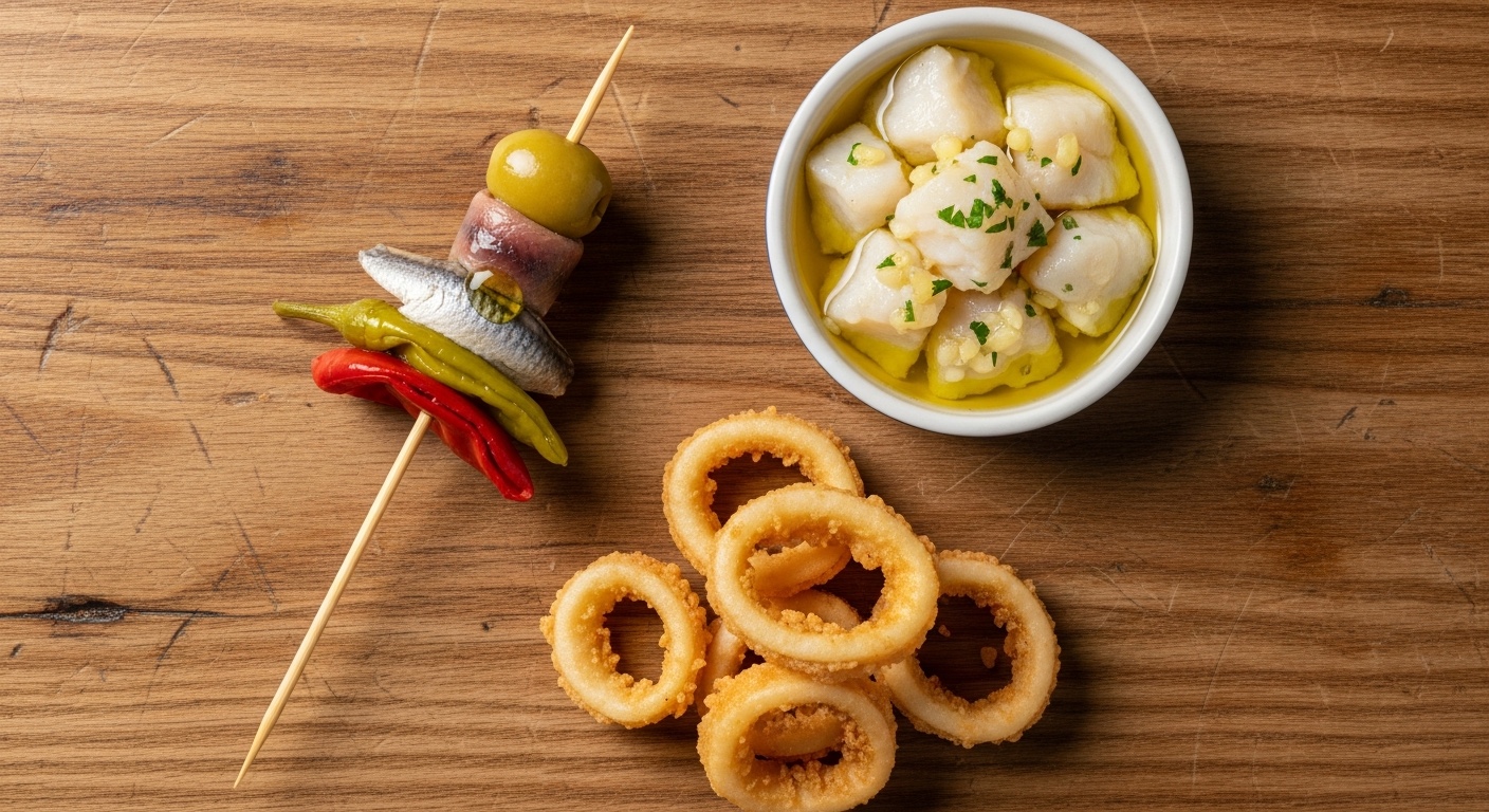Plat de pintxos basques sur comptoir bois : gilda, bacalao al pil-pil, tortilla, verre de txakoli