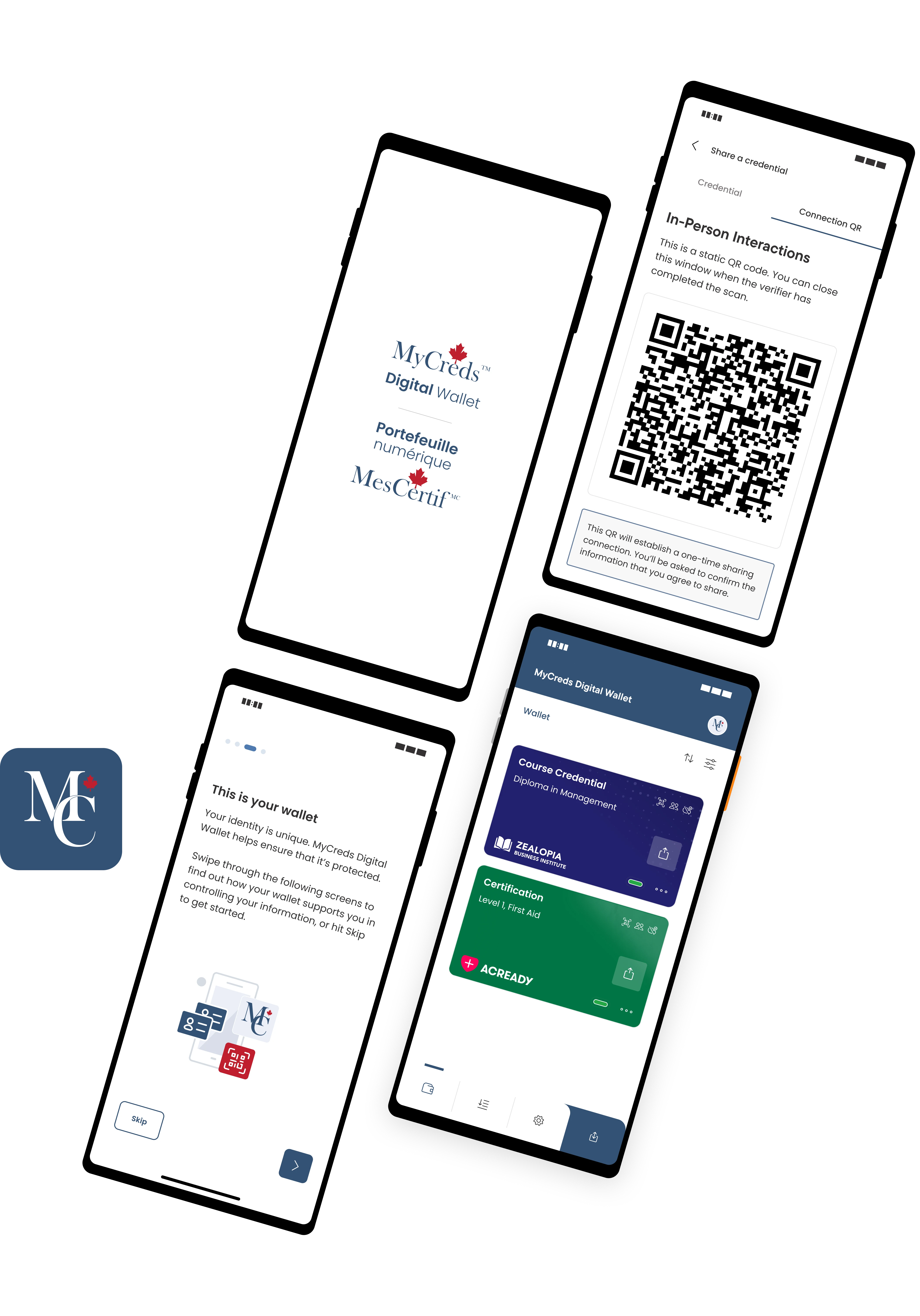 Screen UIs showing the MyCreds platform