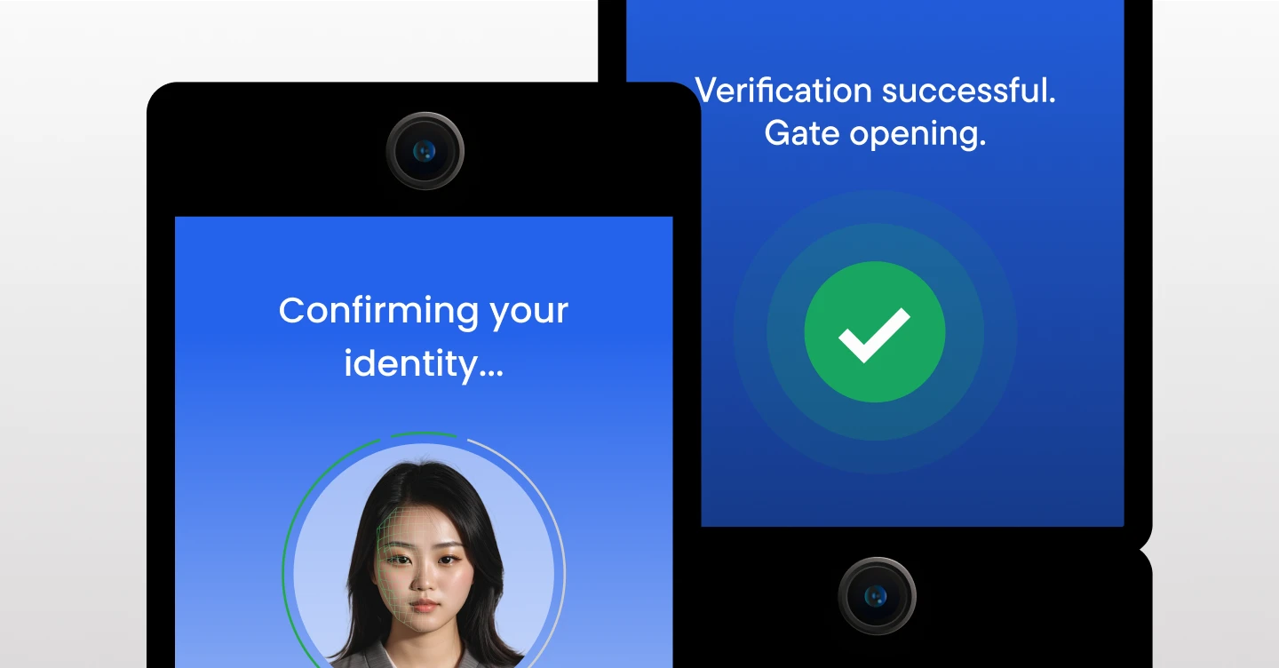 Phone screens showing a person's identity being verified for travel