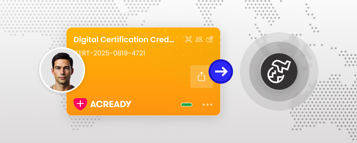 A digital certification credential with an opaque world map in the background, representing support for cross-border and interprovincial mobility
