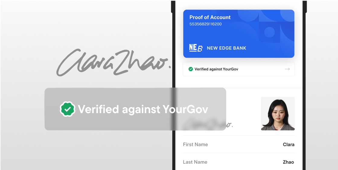 Collage of assets showing a credential being used to get verified against YouGov (a fiction government company)