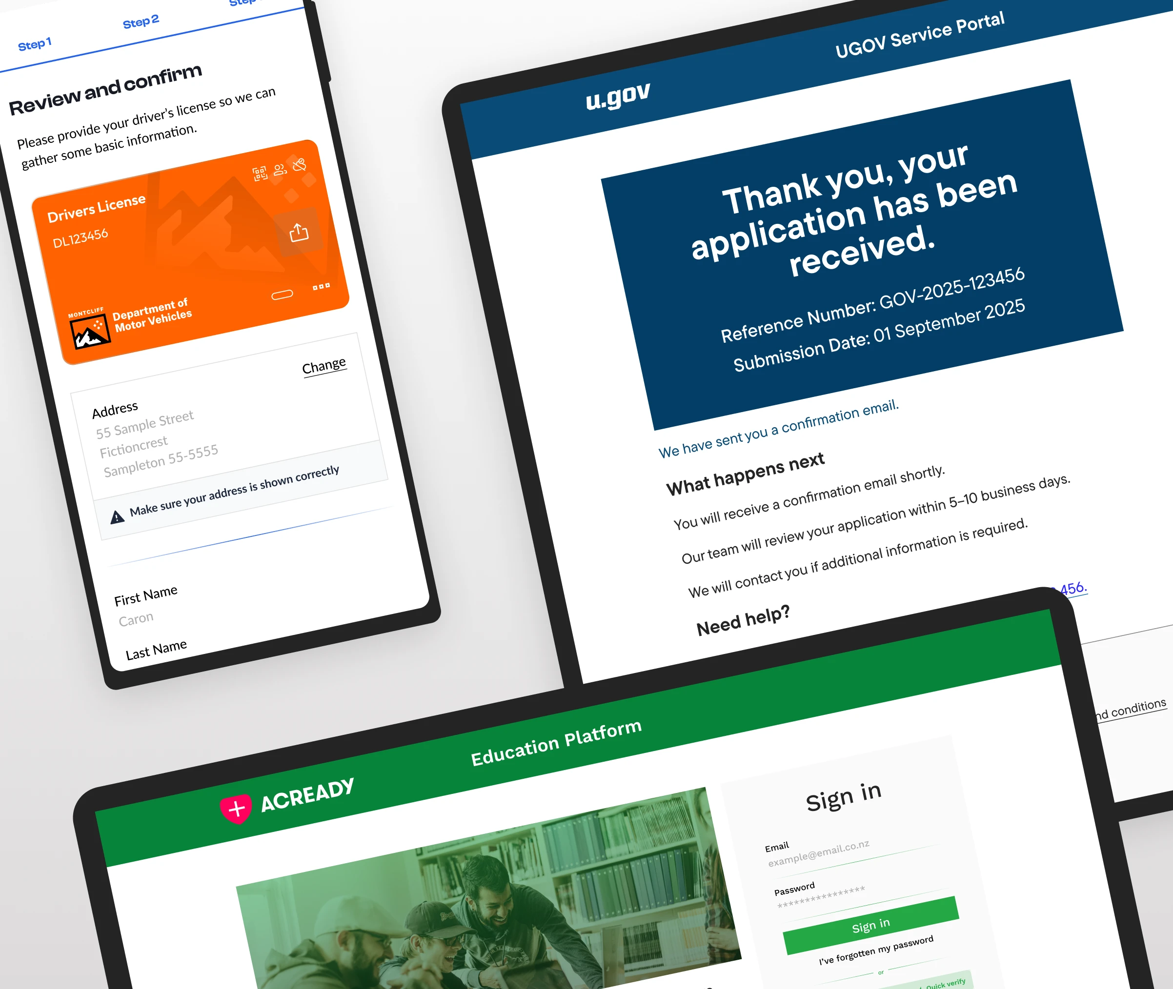 Collage of mobile and web screens showing credentials