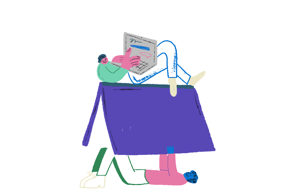 illustration of person reading and another typing