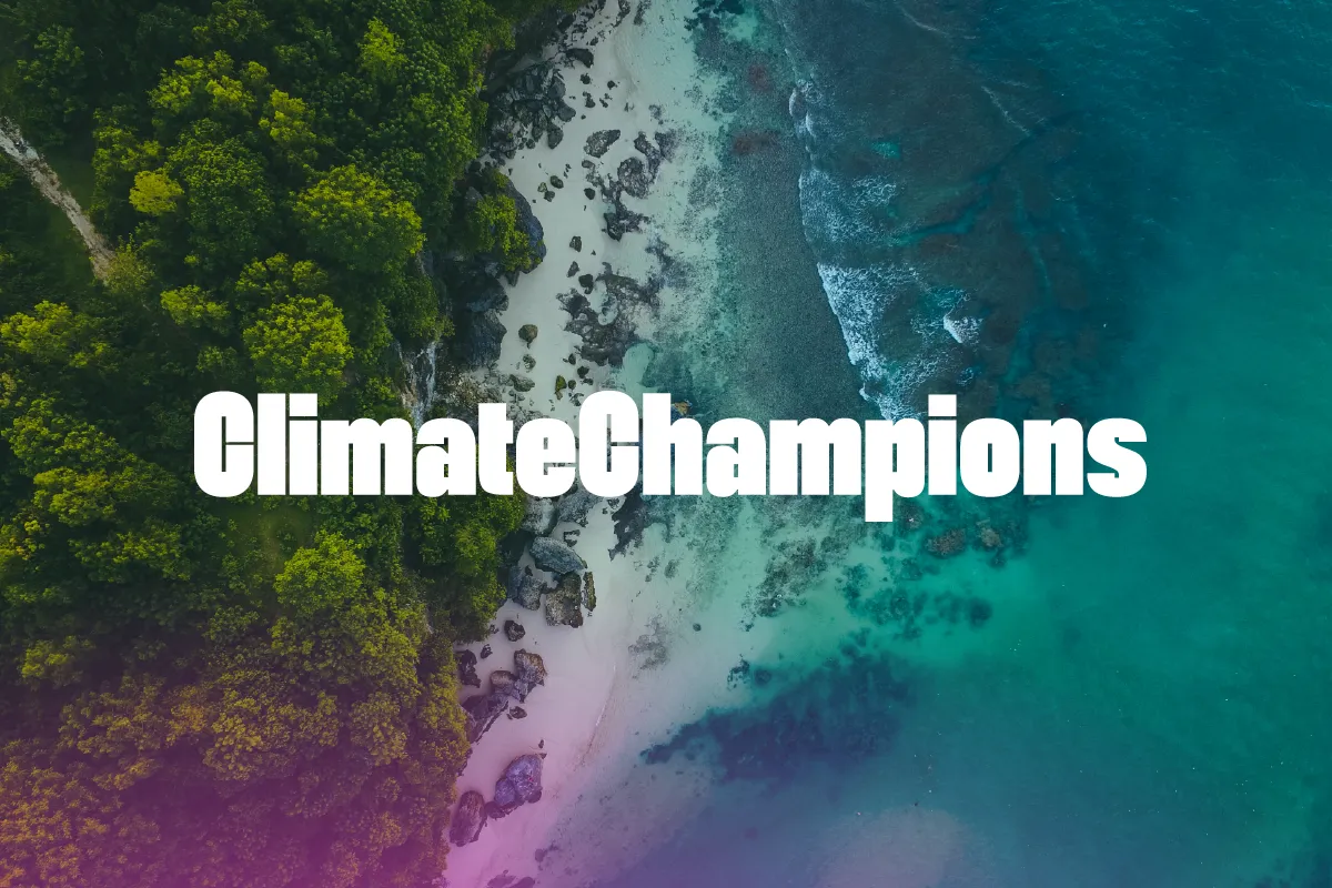 Climate Champions logo over an aerial photo of a beach.