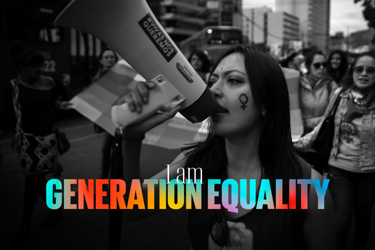 Woman holding a megaphone and the words I am Generation Equality