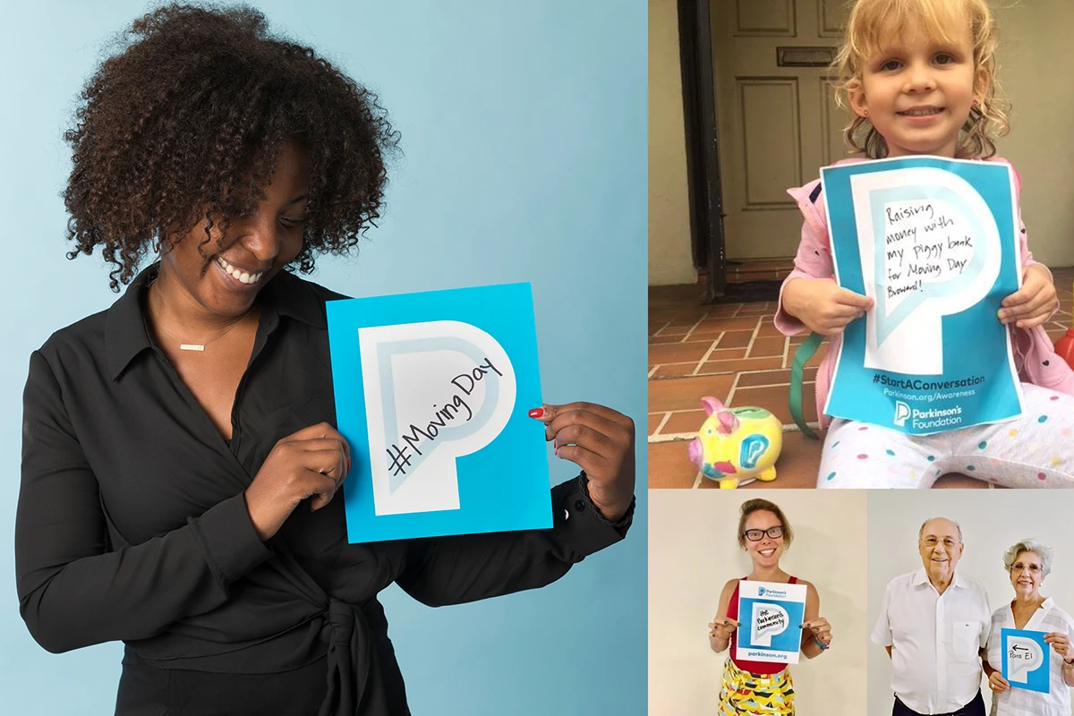 Collage of people holding signs with the Parkinson's Foundation logo.