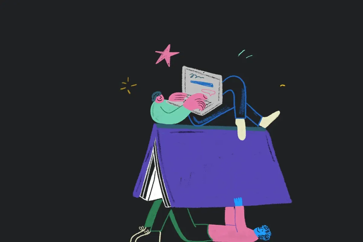 Illustration of a person reading a book and another typing on a compiuter.