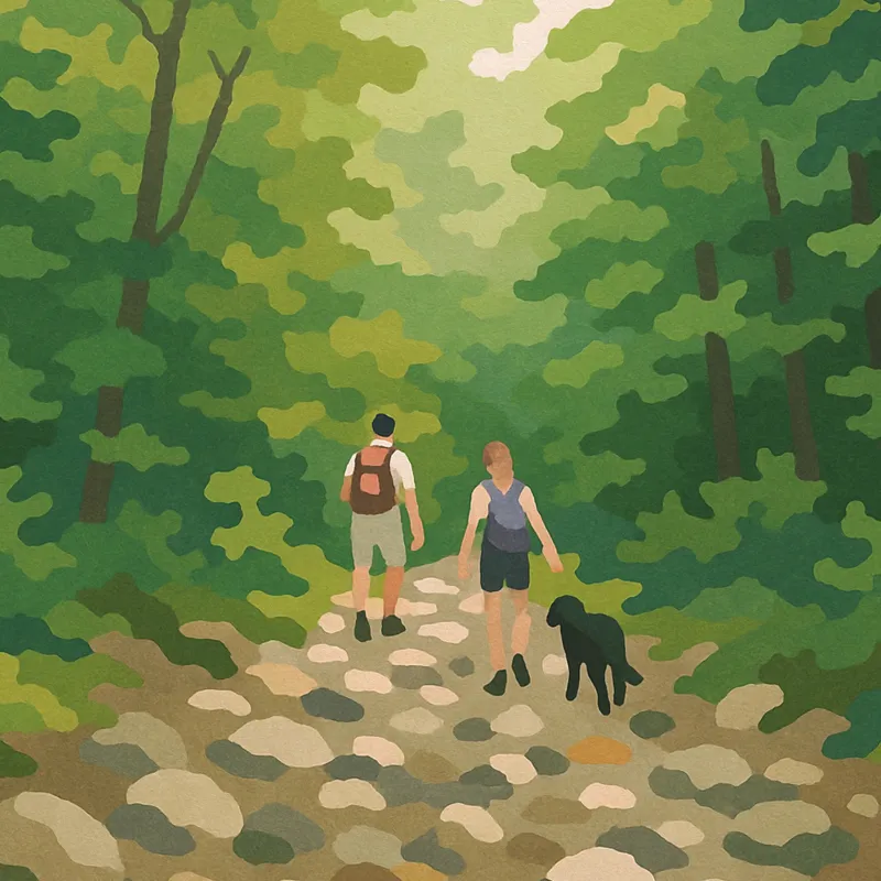 Illustration of people hiking in a paint-by-numbers style