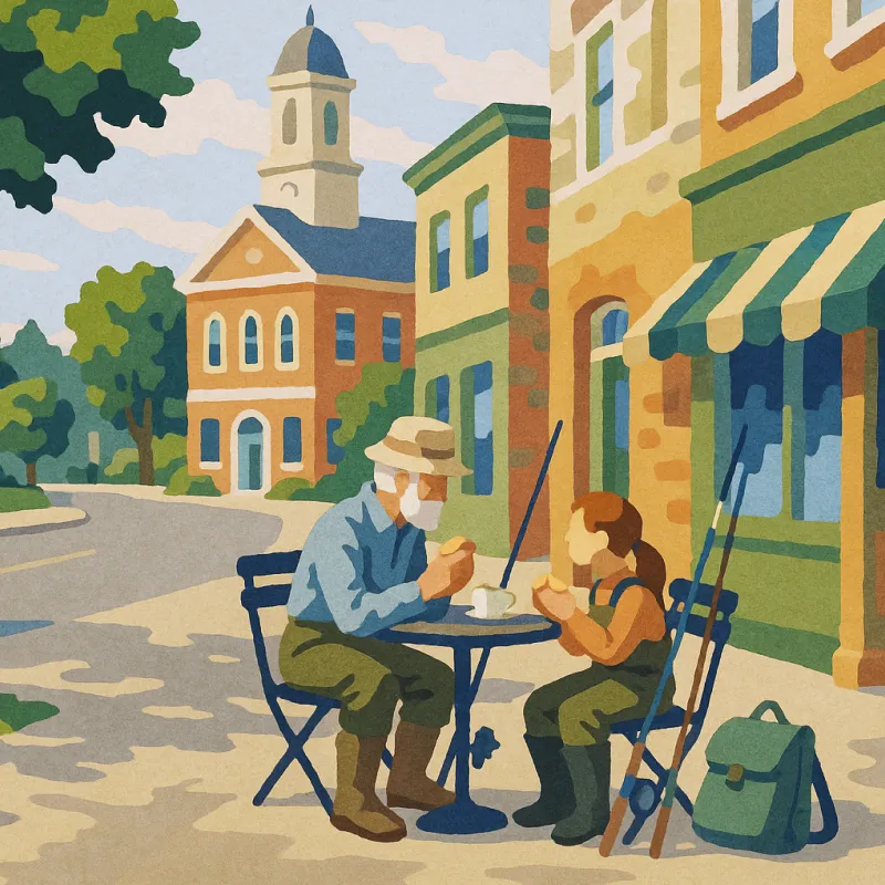 Illustration of a man and girl at a cafe table in a paint-by-numbers style