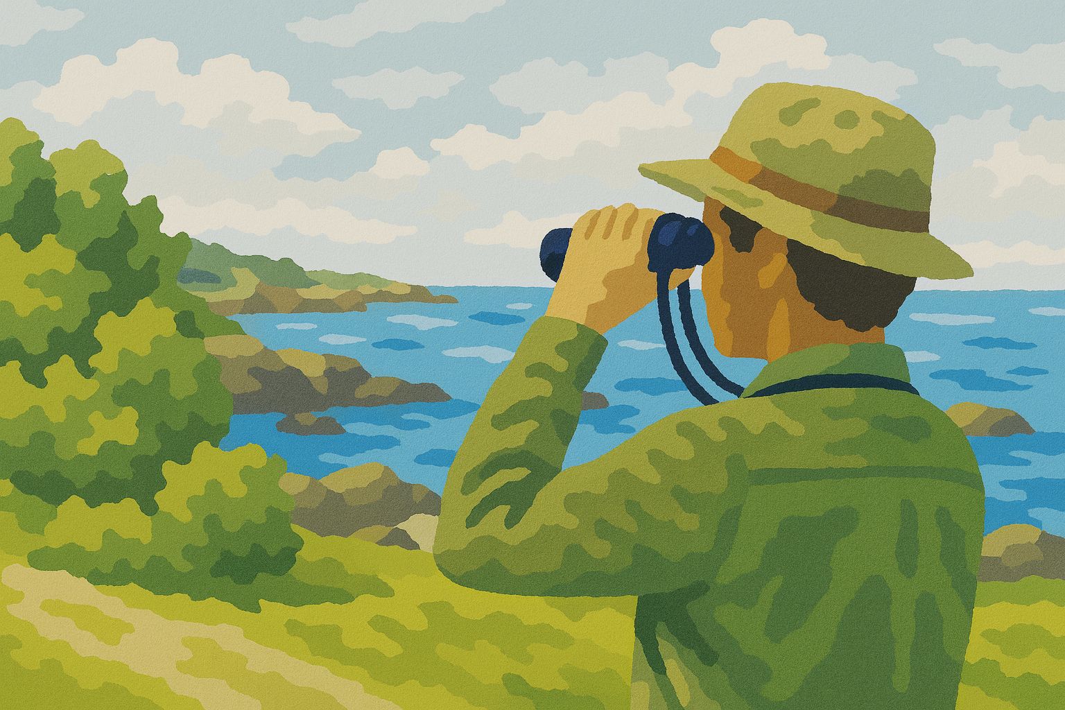 Illustration of a man with binoculars in a paint-by-numbers style