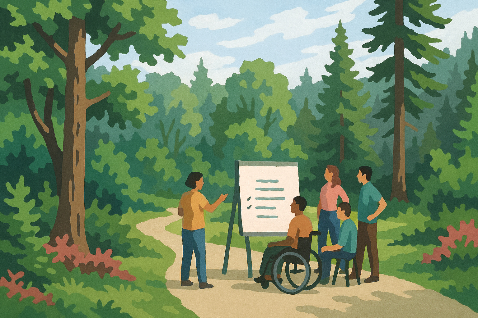 illustration of people in the forest in a paint-by-numbers style
