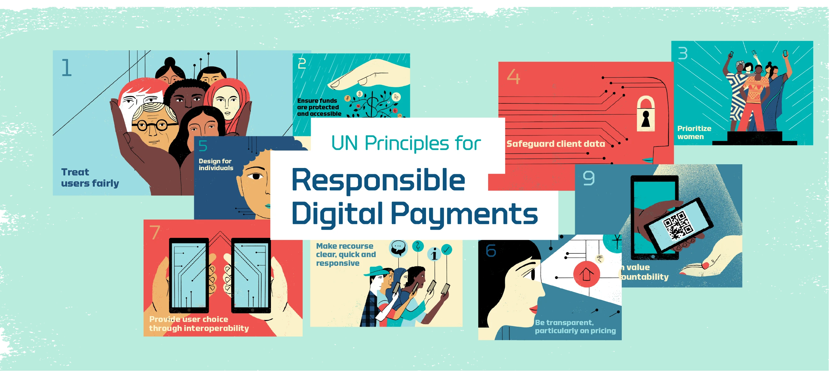 Illustrations of a group of people using digital payments. 