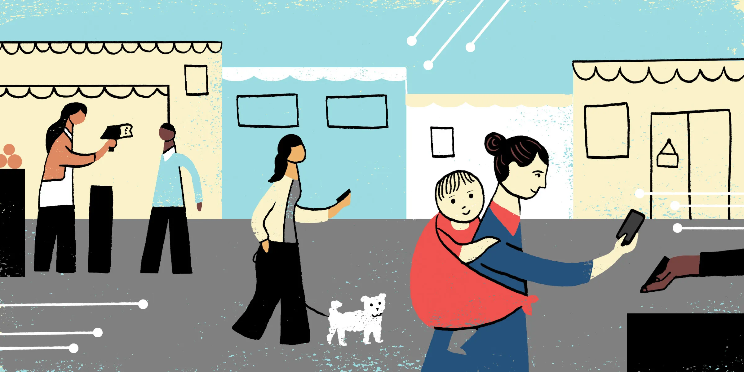 Illustration of a group of people using digital payments. 