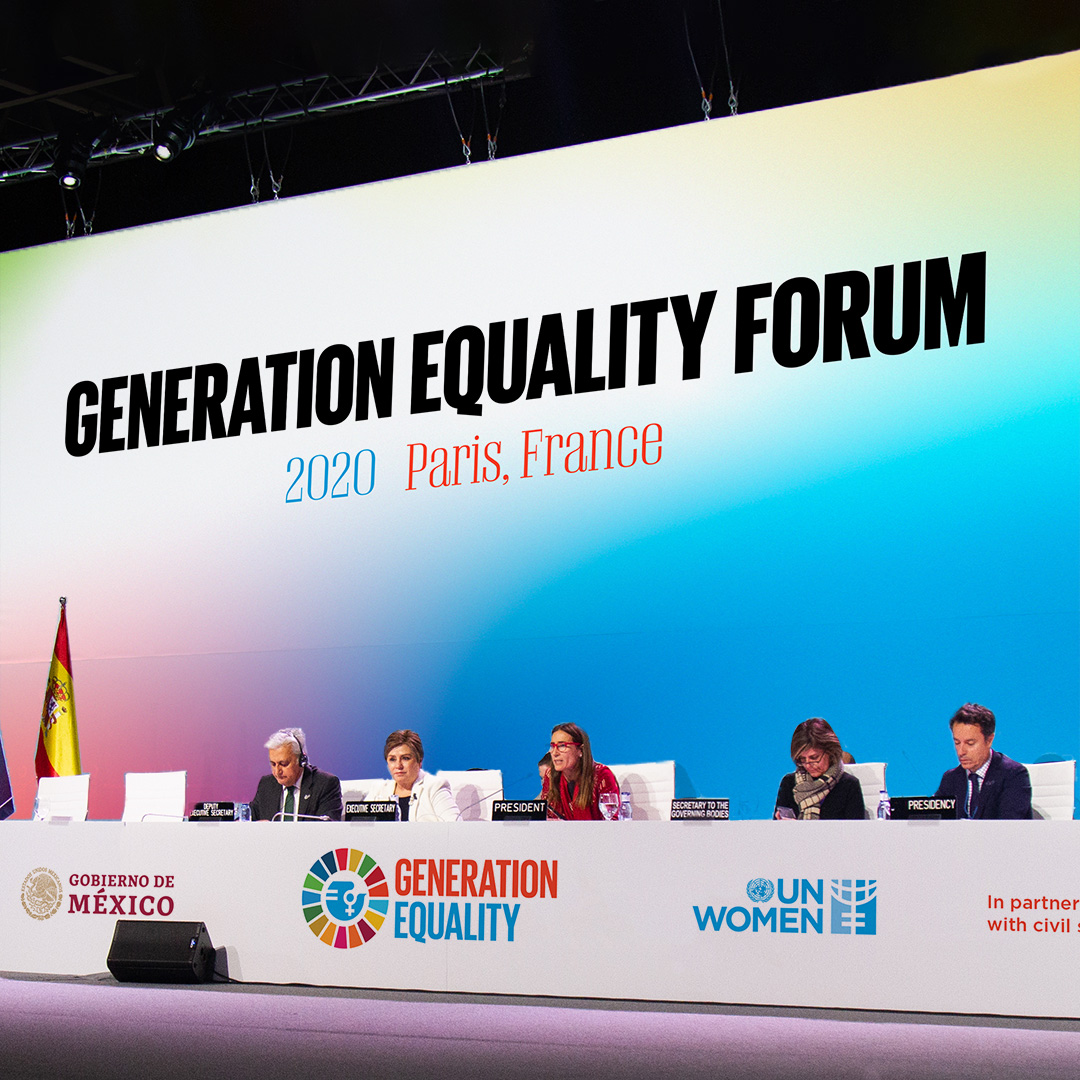 Mockup of event backdrop for Generation Equality Forum.