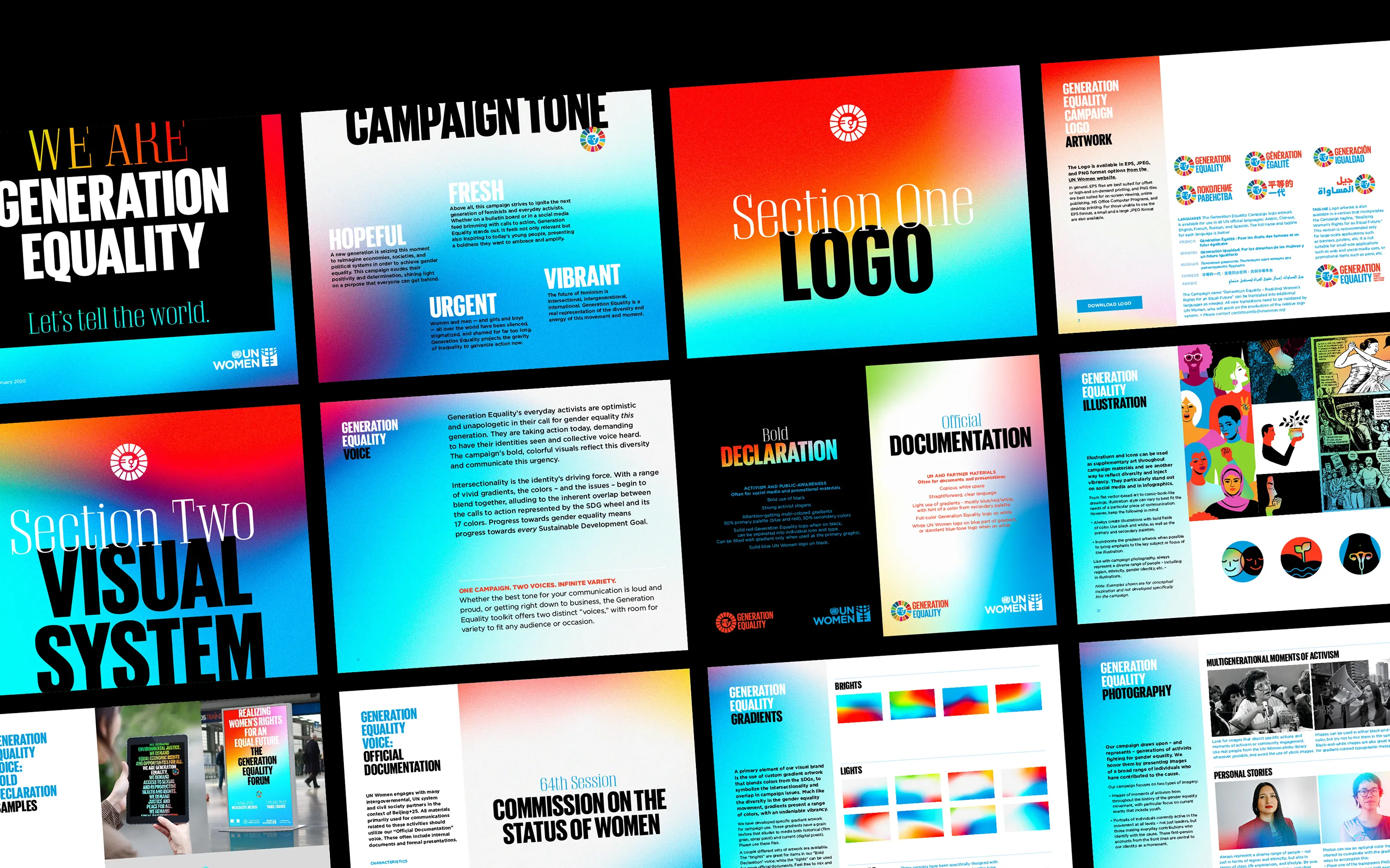 Collage of Generation Equality brand guidelines pages.