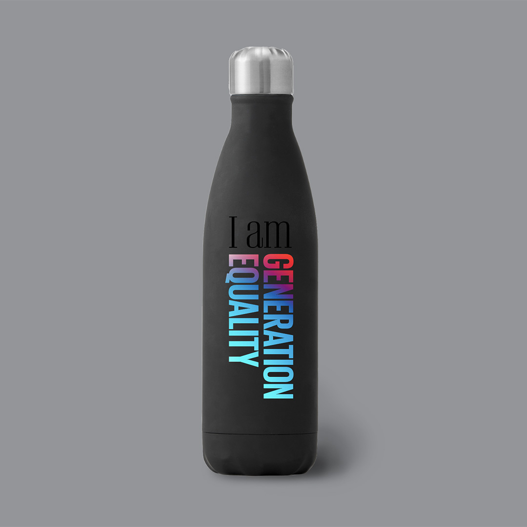 Water bottle with Generation Equality graphic on it.