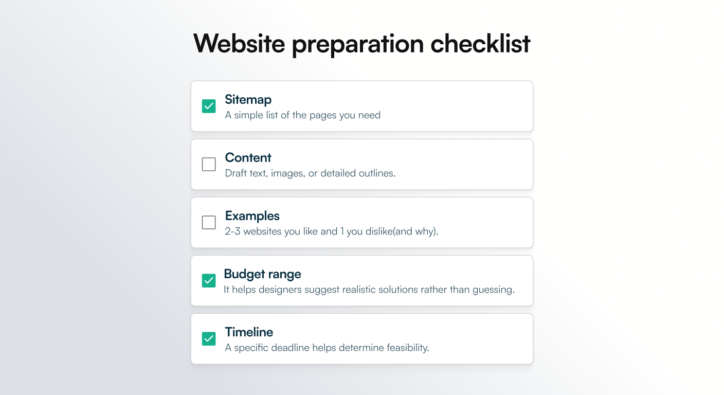 Website design cost reduction checklist: Sitemap, Content, Examples, Budget range, and Timeline. How to reduce website costs and save money on website design pricing for small business website development.