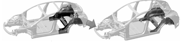 Tesla Model Y rear underbody before and after manufacturing consolidation