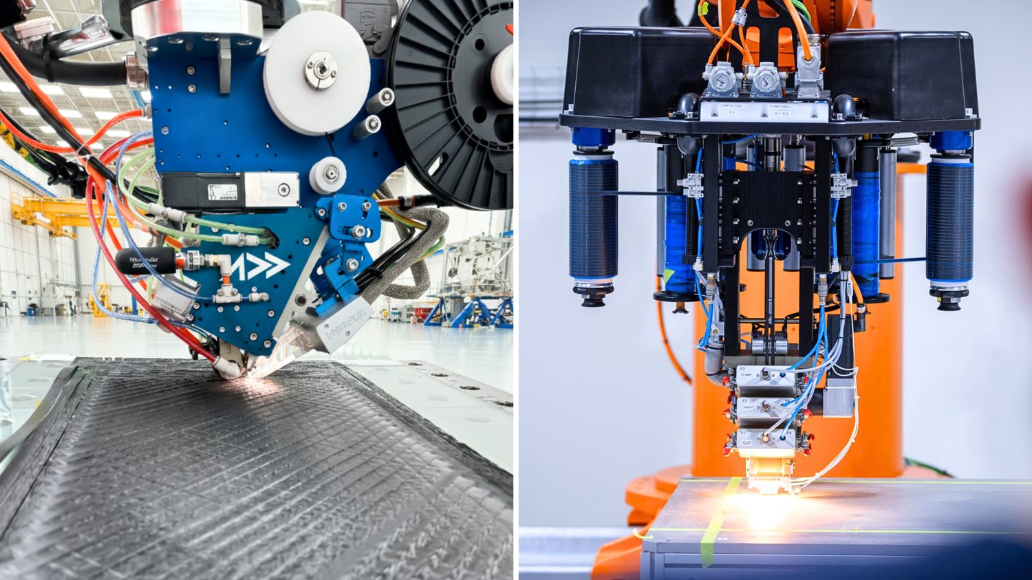 Addcomposites AFP-XS (left) and AFP-X (right) laying carbon-fibre tow onto a mould. Precise, repeatable layup is the foundation of well-characterized composite parts.