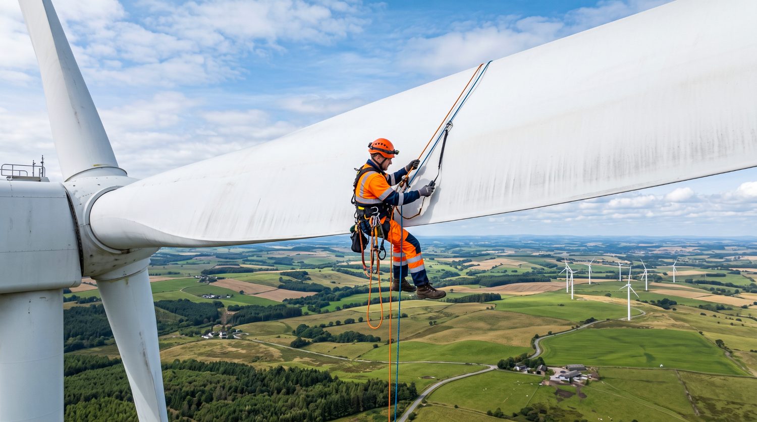 A technician performs rope-access inspection on a wind turbine blade. Life extension through routine maintenance and monitoring avoids end-of-life processing entirely.