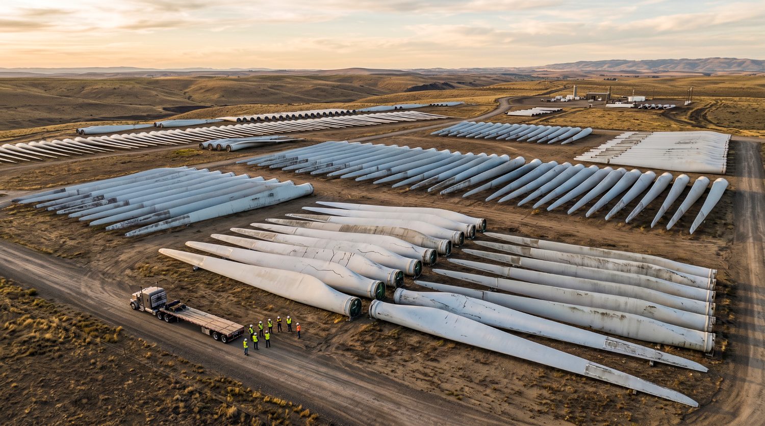 Rows of retired wind turbine blades await processing at a storage yard, illustrating the scale of composite waste facing the wind sector by mid-century.