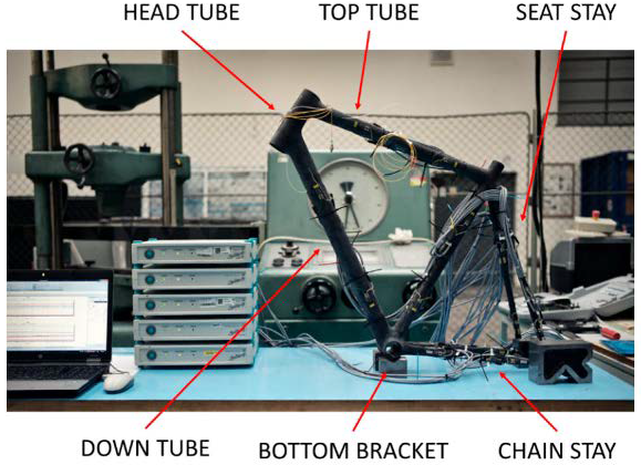 The complete carbon composite bicycle frame mounted in the test rig, with the six main structural elements labeled: head tube, top tube, seat stay, down tube, bottom bracket, and chain stay.