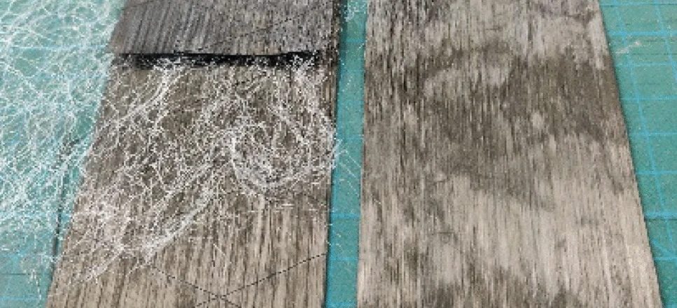 The stitch-free binder in two states: a T-NCF with the Spunfab adhesive web before processing, and the same layers after thermal activation.