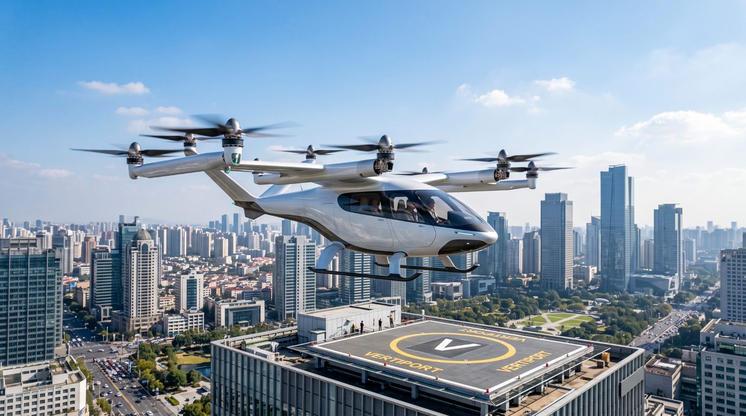 A multi-rotor eVTOL air taxi on final approach to a rooftop vertiport.