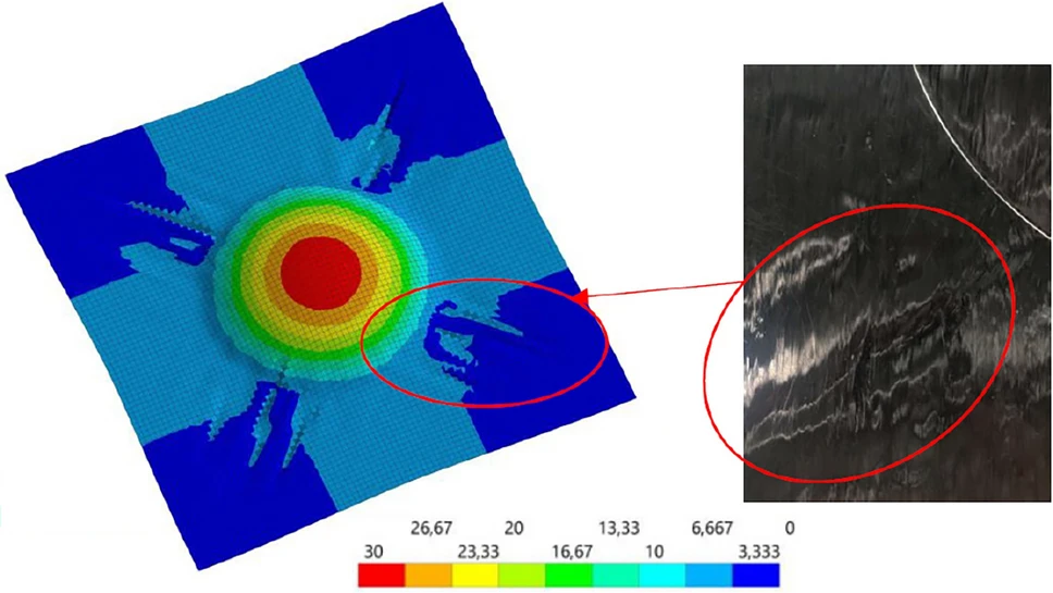 Predicting how the fabric forms: a colour displacement map from the stamp-forming simulation next to the matching region of the actual formed part.