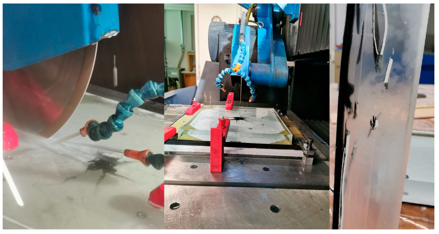 The destructive method in action: the resin-frozen panel being sliced on the saw, and a finished strip with the internal damage locked in the resin block — the panel's residual curve from the strike is still visible.