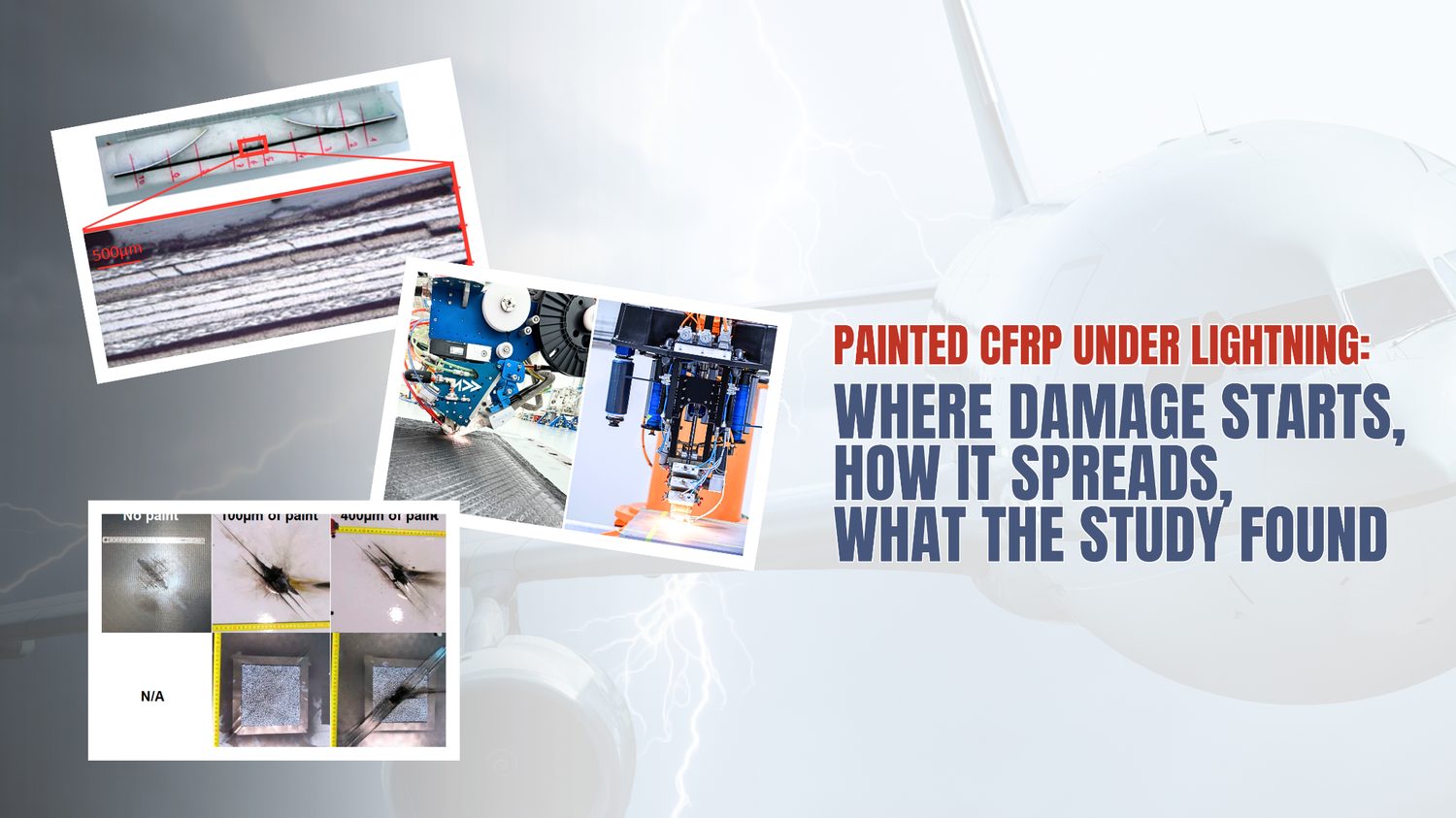 Lightning Hits Every Airliner About Once a Year — an Addcomposites analysis of what happens inside a painted CFRP aircraft panel when it is struck.