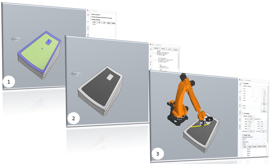 AddPath CAM workflow for automated fibre placement: (1) mould surface and boundary definition, (2) generated tow-path layup over the part, and (3) robotic simulation of the deposition sequence, illustrating the path-planning required for curved, multi-feature geometries.