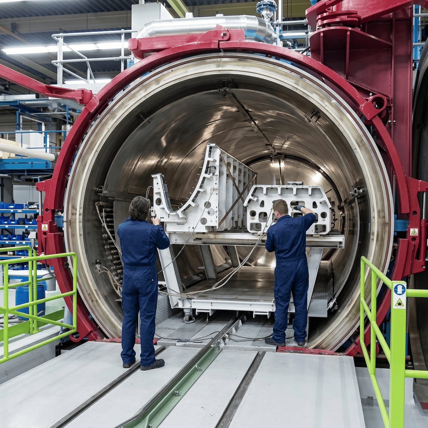 A large aerospace composite autoclave during part loading, showing tooling and components being moved into the pressure chamber. The autoclave cure is among the most time- and capital-intensive steps in conventional composite manufacturing.