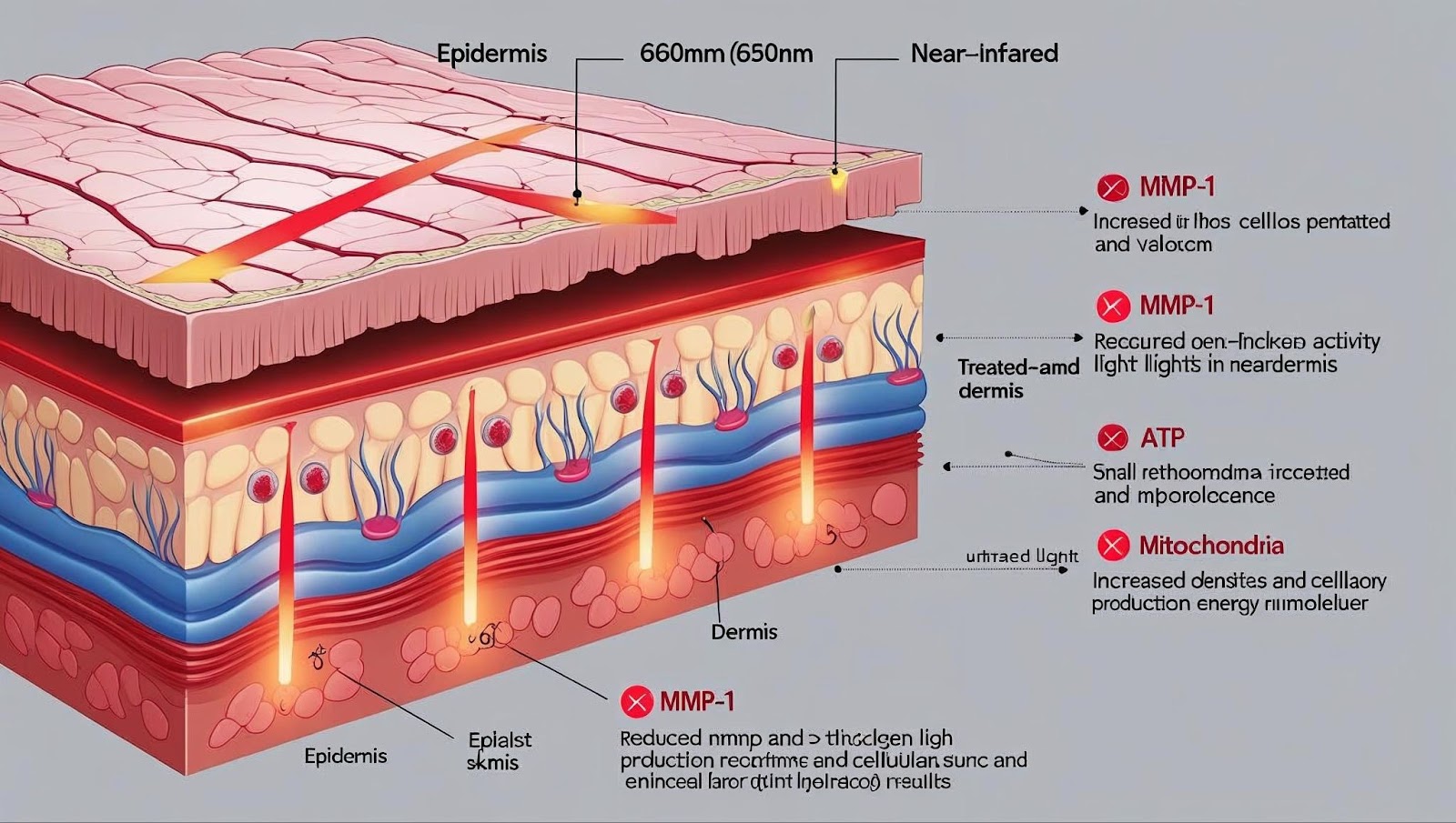 Diagram of red light wavelength penetrating skin to stimulate fibroblasts and reduce MMP-1.