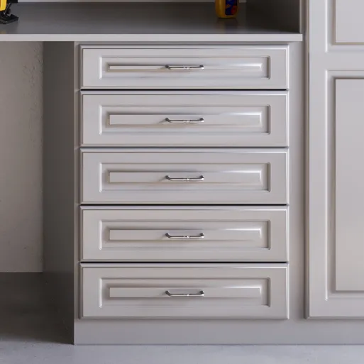 Closet World Modern Farmhouse Deco Drawers with Black Nickel Knobs in Fusion Maple Legacy Finish