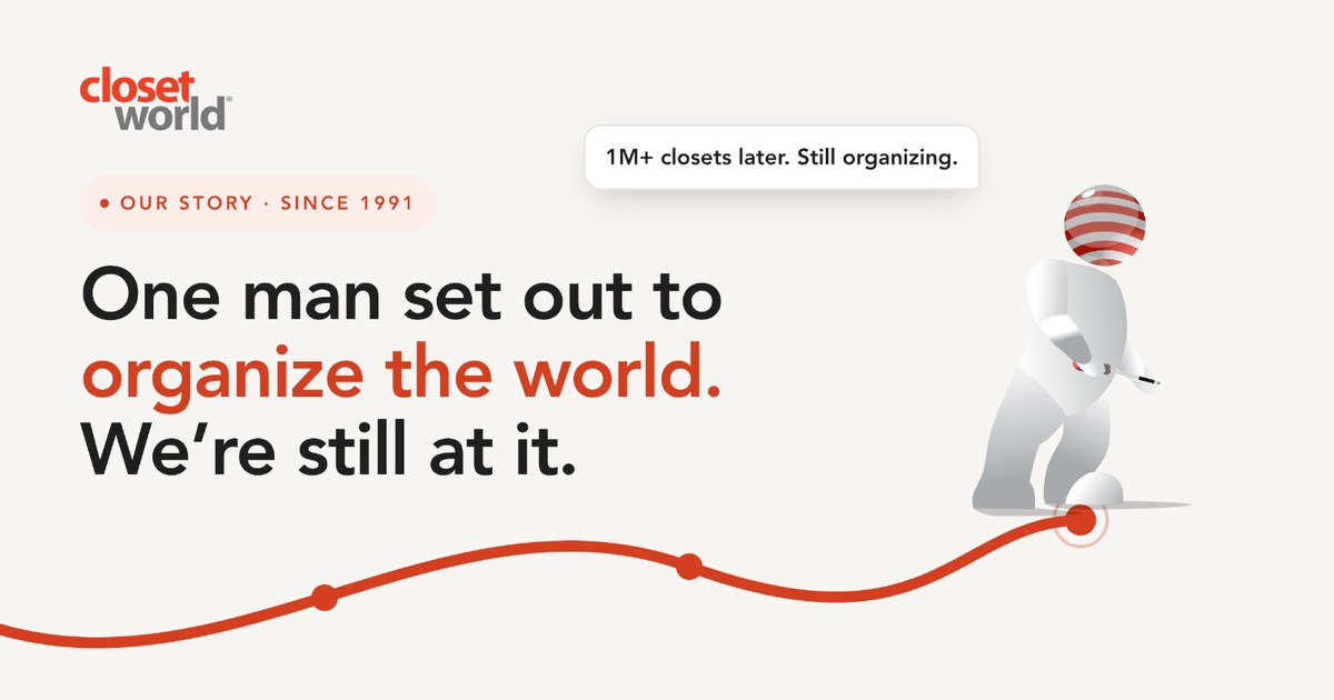 Closet World Man standing at the end of a red timeline beside the headline “One man set out to organize the world. We’re still at it.” — Closet World, since 1991