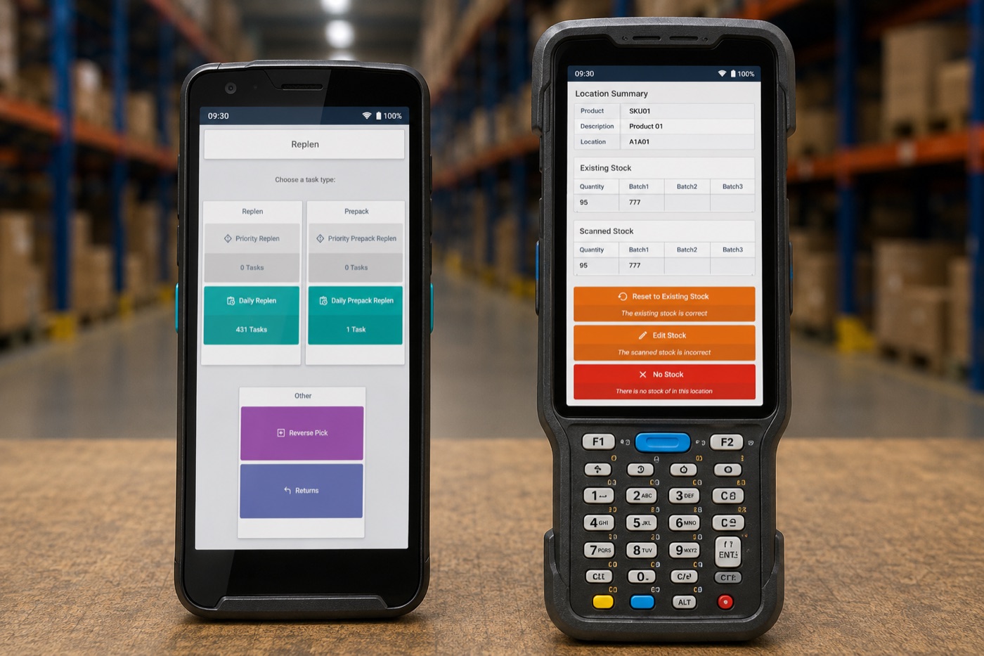 The Tasks Module running on two ruggedised handheld devices, showing a configurable task list and a location stock-check screen