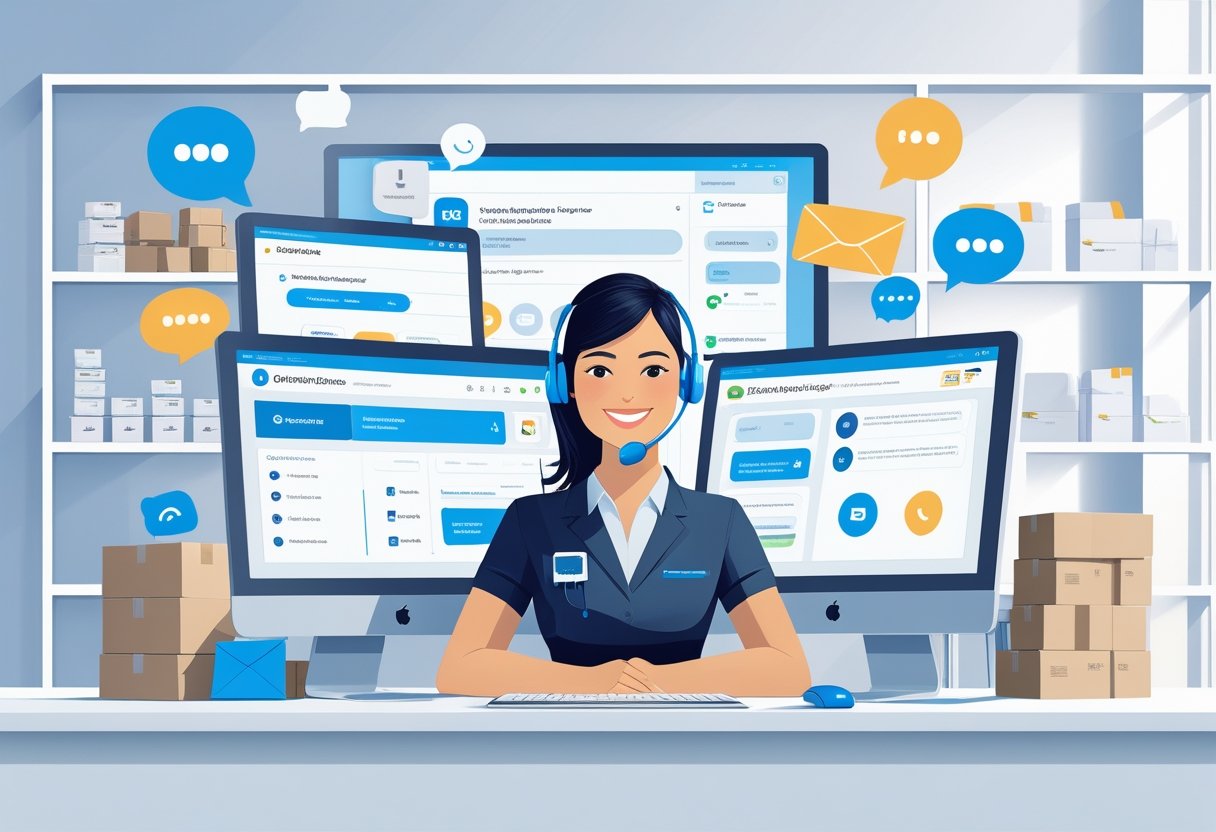 A customer service representative wearing a headset at a desk with multiple computer screens showing ecommerce activities, surrounded by icons of communication and packages in the background.
