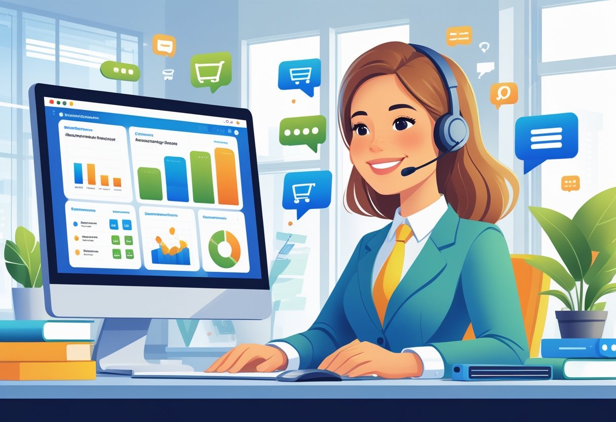 A customer service representative wearing a headset at a desk with a computer, surrounded by ecommerce-related icons like shopping carts and chat bubbles, in a bright office setting.
