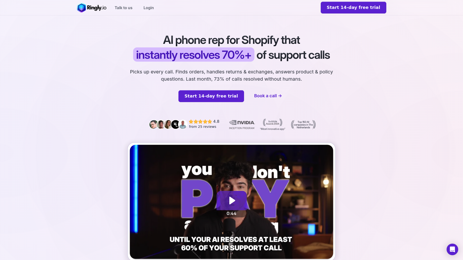 The homepage of Ringly.io, a platform providing AI phone agents for Shopify stores.